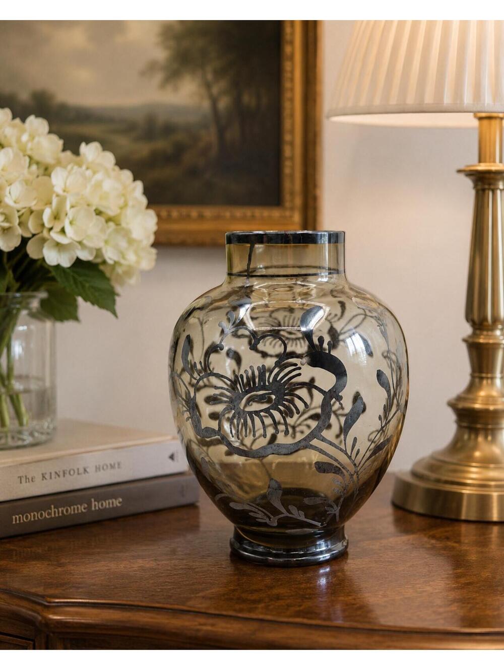 Vintage Czech Smoky Art Glass Vase Silver Floral Overlay MCM